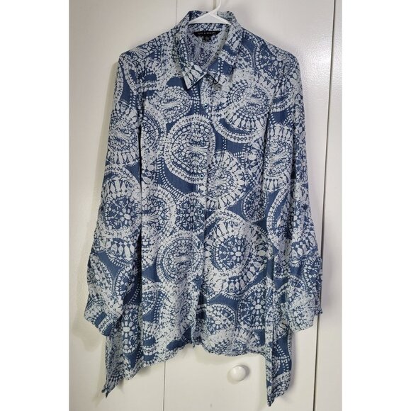 Zac & Rachel Tops - Zac & Rachel Women's LG Blue Patterned Tunic Blouse Roll-Tab Sleeve Boho Artsy